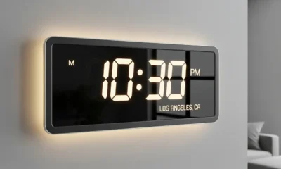 A digital wall clock displaying the current time in Los Angeles, California.