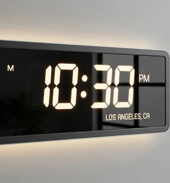 A digital wall clock displaying the current time in Los Angeles, California.