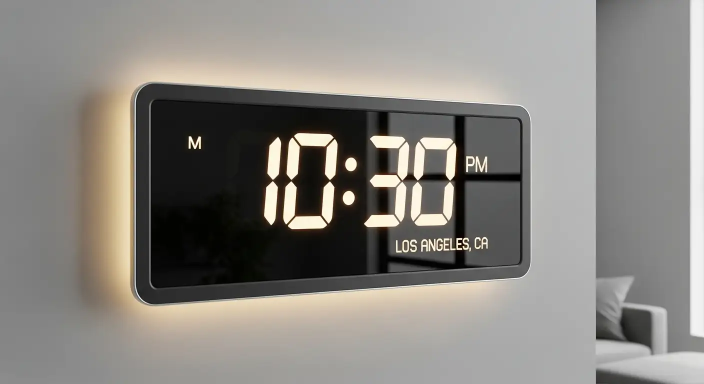A digital wall clock displaying the current time in Los Angeles, California.